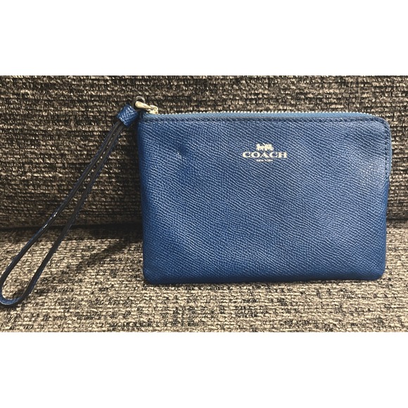 Coach Handbags - Authentic COACH Corner Zip Crossgrain Leather Wristlet Wallet Purse Blue F58032‎